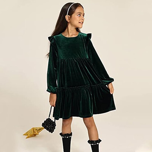 

Kids Girls' Dress Solid Color A Line Dress Above Knee Dress Outdoor Cotton Long Sleeve Basic Dress 3-12 Years Winter Dark Green / Fashion / Fall