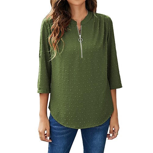 

Women's Shirt claret ArmyGreen Black Plain Quarter Zip 3/4 Length Sleeve Casual Basic Round Neck Regular S
