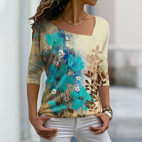 

Women's T shirt Tee Yellow Floral Print Long Sleeve Holiday Weekend Basic V Neck Regular Floral Painting S