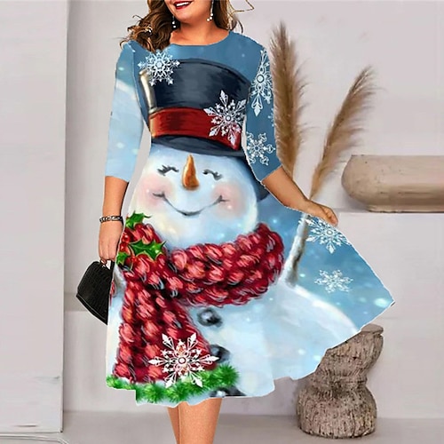 

Women's Plus Size Christmas Dress Snowman Crew Neck Print 3/4 Length Sleeve Winter Fall Stylish Midi Dress Vacation Dress