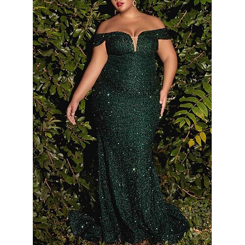

Mermaid / Trumpet Plus Size Curve Formal Dresses Plus Size Dress Formal Chapel Train Sleeveless Off Shoulder Sequined with Sequin Pure Color 2022