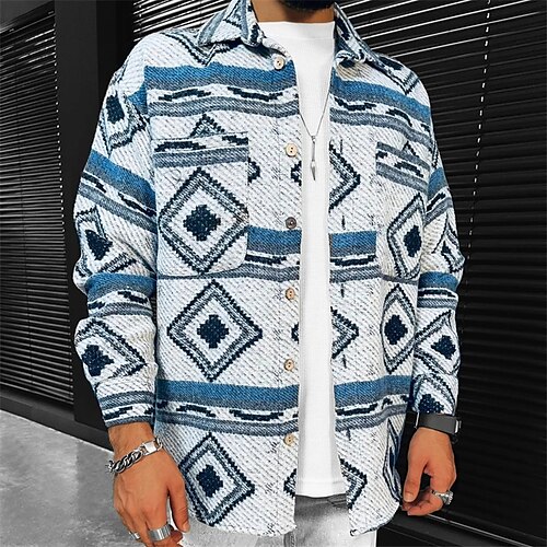 

Men's Coat With Pockets Daily Wear Vacation Going out Single Breasted Turndown Streetwear Sport Casual Jacket Outerwear Geometry Front Pocket Button-Down Print Blue Orange / Long Sleeve