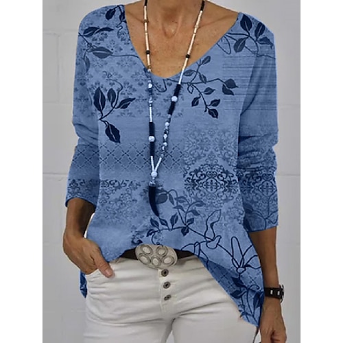 

Women's T shirt Tee Green Blue khaki Floral Print Long Sleeve Casual Vintage V Neck S