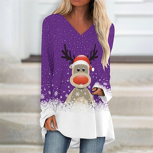 

Women's Christmas Casual Dress T Shirt Dress Tee Dress Short Mini Dress Green Blue Purple Red Gray Black Long Sleeve Elk Snowflake hat Print Fall Winter V Neck Stylish Casual 2022 XXS XS S
