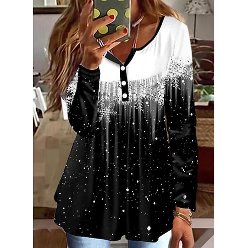 

Women's T shirt Tee Black Snowflake Button Flowing tunic Long Sleeve Christmas Weekend Basic Round Neck Regular Painting S