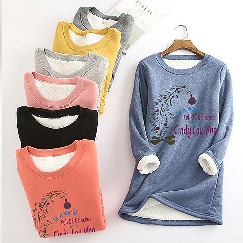 

Women's Sweatshirt Pullover Sherpa Fleece Teddy Blue Pink Yellow Grinch Christmas Round Neck Long Sleeve Fleece S M L XL XXL 3XL