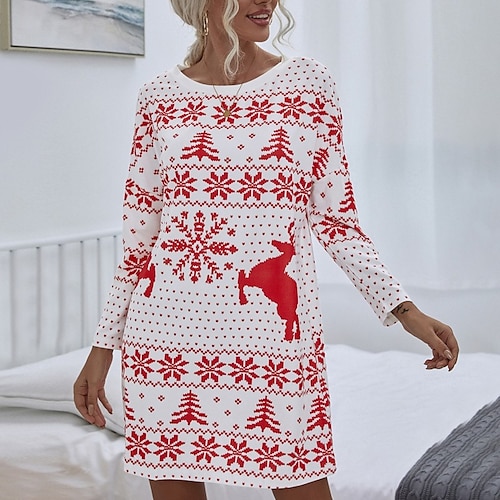 

Women's Christmas Casual Dress T Shirt Dress Tee Dress Short Mini Dress Green Red Long Sleeve Elk Tree Snowflake Print Fall Winter Crew Neck Fashion Casual Modern Loose Fit 2022 S M L XL