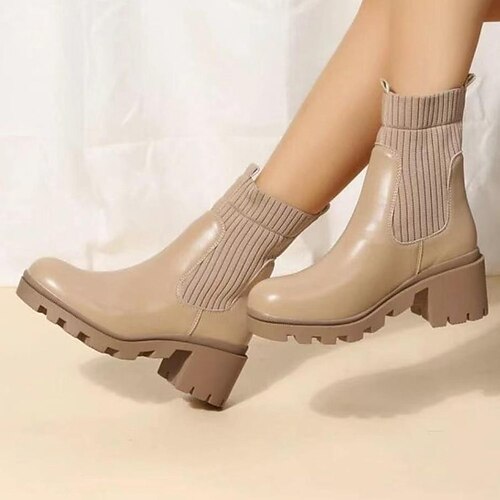 

Women's Boots Daily Plus Size Booties Ankle Boots Winter Block Heel Round Toe Casual Minimalism Leather Loafer Black Khaki