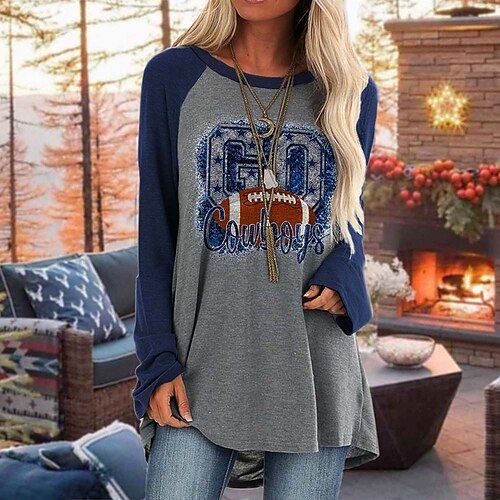 

Women's T shirt Tee Light gray Gray Text Baseball Print Long Sleeve Daily Weekend Basic Round Neck Long Painting S