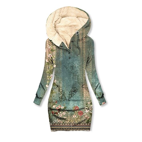 

Vestido con capucha de lana para mujer vestido de invierno mini vestido verde manga larga floral estampado de botones invierno otoño con capucha elegante casual 2022 s m l xl xxl 3xl