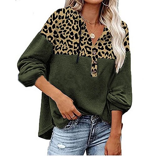 

Women's Sweatshirt Pullover Basic Button Green Black Blue Leopard Color Block Street V Neck Long Sleeve S M L XL 2XL 3XL
