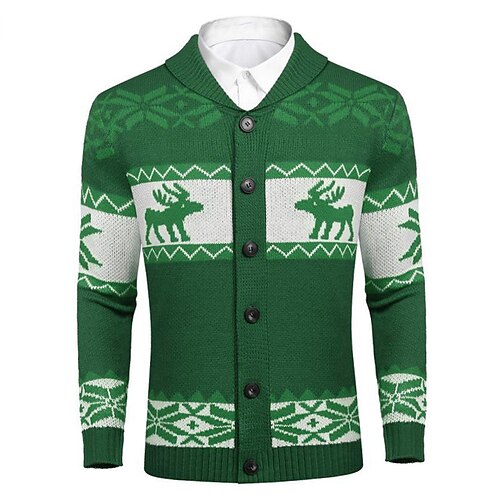 

Men's Sweater Ugly Christmas Sweater Cardigan Sweater Ribbed Knit Cropped Knitted Christmas Pattern V Neck Warm Ups Modern Contemporary Christmas Daily Wear Clothing Apparel Fall & Winter Green Black