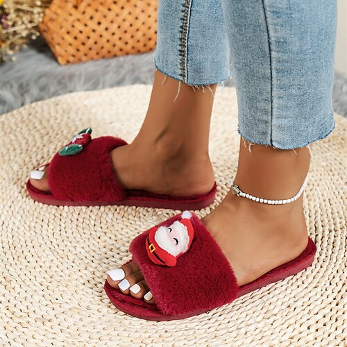 

Women's Slippers Home Christmas Fuzzy Slippers Fluffy Slippers House Slippers Fleece Slippers Winter Flat Heel Open Toe Polyester Loafer Burgundy Khaki White