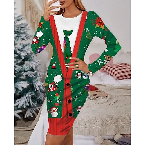 

Women's Christmas Casual Dress Print Dress Green Blue Wine Dark Green Red Long Sleeve Elk Tree Snowflake Print Winter Autumn Crew Neck Fashion Casual Fall Dress 2022 S M L XL 2XL 3XL 4XL 5XL 6XL