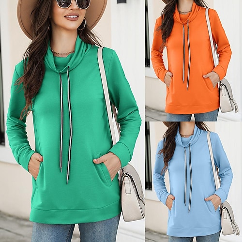 

Women's Hoodie Drawstring Solid / Plain Color Basic High Neck Standard Winter Green Blue Orange