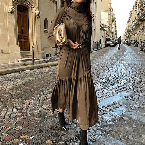 

Women's Casual Dress Swing Dress Midi Dress Black Brown Long Sleeve Pure Color Ruched Winter Fall Autumn High Neck Fashion Winter Dress Fall Dress Loose Fit 2022 S M L