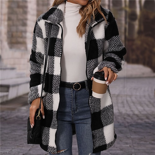 

Women's Sherpa jacket Fleece Jacket Teddy Coat Warm Breathable Outdoor Daily Wear Vacation Going out Pocket Print Single Breasted Turndown Comfortable Street Style Plush Shacket Plaid Regular Fit
