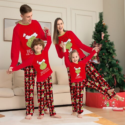 

Christmas Pajamas Ugly Family Set Letter Christmas Pattern Home Red Long Sleeve Mom Dad and Me Mom Dad and Me Daily Matching Outfits