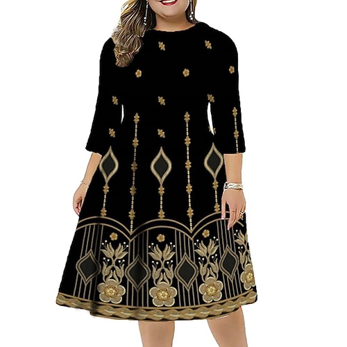 

Women's Plus Size Work Dress Floral Round Neck 3/4 Length Sleeve Fall Winter Stylish Work Midi Dress Vacation Going out Dress