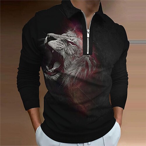 

Men's Collar Polo Shirt Golf Shirt Animal Lion Turndown Black 3D Print Outdoor Street Long Sleeve Zipper Print Clothing Apparel Fashion Designer Casual Breathable