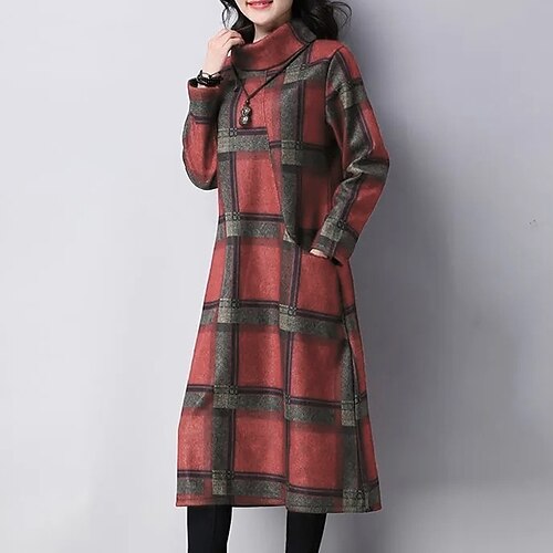 

Women's Casual Dress Midi Dress Tartan Dress Midi Dress Black Red Blue Long Sleeve Plaid Pocket Winter Fall Spring Turtleneck Fashion Winter Dress Daily Vacation 2023 M L XL XXL 3XL