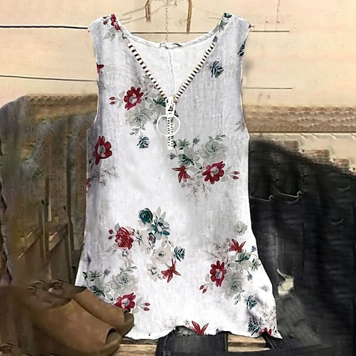 

Women's Plus Size Tops Tank Top Floral Zipper Print Sleeveless V Neck Streetwear Daily Holiday Cotton Spandex Jersey Spring Summer White