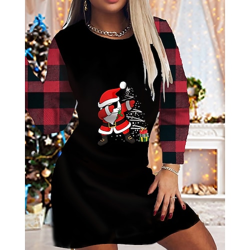 

damen weihnachten, figurbetontes druckkleid minikleid weinrot schwarz langarm elch baum schneeflocke druck winter herbst rundhalsausschnitt mode lässig 2022 s m l xl 2xl 3xl 4xl 5xl 6xl