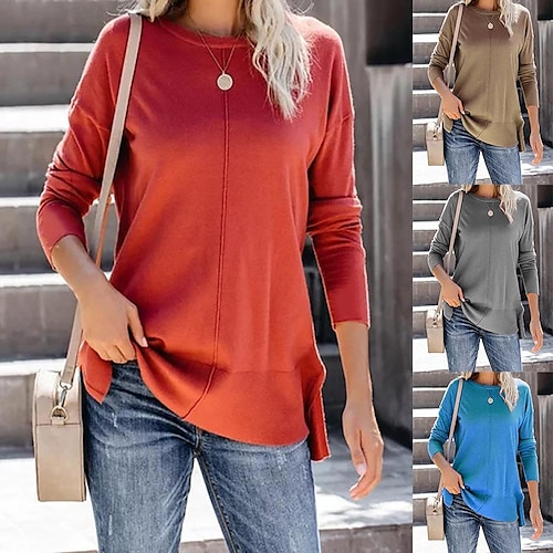 

fc719 spot ebay amazon european and american women's clothing solid color loose long-sleeved women's t-shirt sweater top