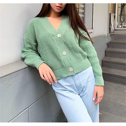 

Women's Cardigan Sweater Jumper Waffle Knit Hollow Out Solid Color V Neck Casual Daily Weekend Winter Fall Green Blue S M L / Long Sleeve / Loose Fit