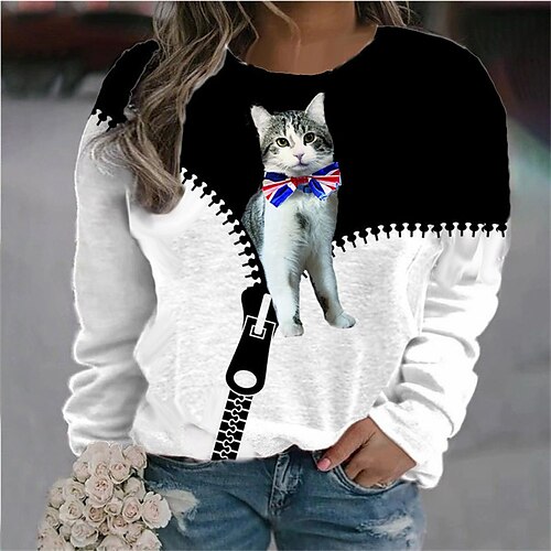 

Women's Plus Size Tops Hoodie Sweatshirt Animal Cat Print Long Sleeve Crew Neck Casual Hoodie Daily Vacation Polyester Winter Fall Black