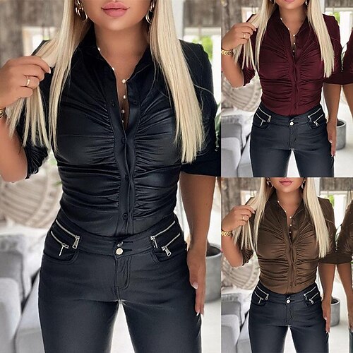 

Women's Blouse Button Solid Color Basic Shirt Collar Standard Spring, Fall, Winter, Summer claret Brown Black