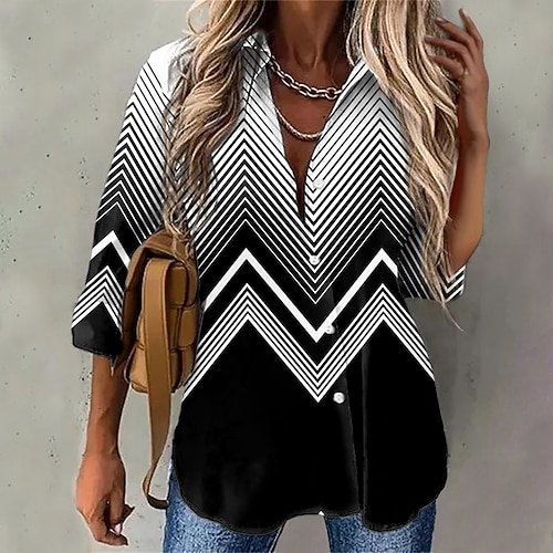 

Women's Blouse Shirt Black Striped Button Print Long Sleeve Casual Daily Basic Shirt Collar Regular S