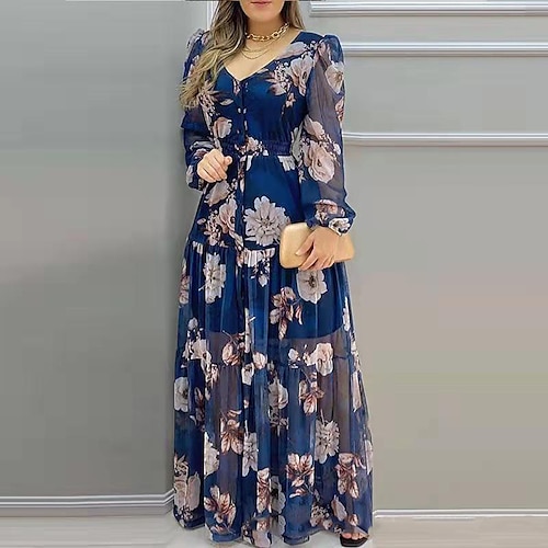 

Women's Swing Dress Boho Dress Long Dress Maxi Dress Blue Long Sleeve Floral Ruched Winter Fall Autumn V Neck Winter Dress Fall Dress Loose Fit Mesh S M L XL