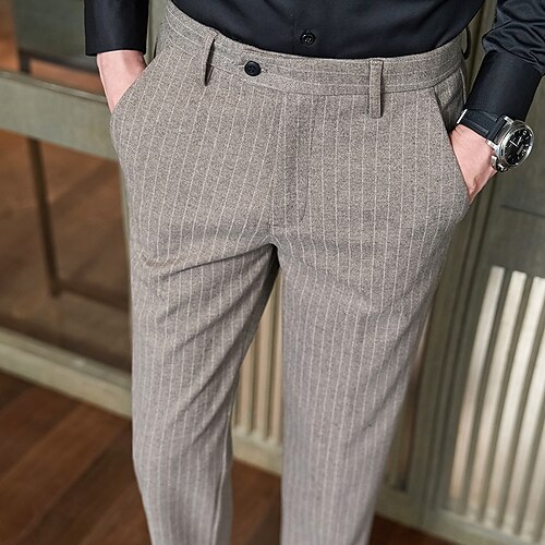 

Men's Dress Pants Ankle-Length Inelastic Slim Fit Stripe Black Dark Grey Brown 2022