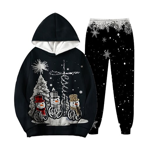 

2 Pieces Kids Boys Ugly Christmas Hoodie & Pants Outfit Snowman Christmas Tree Snowflake Long Sleeve Set Casual Fashion Daily Winter Fall 7-13 Years Black