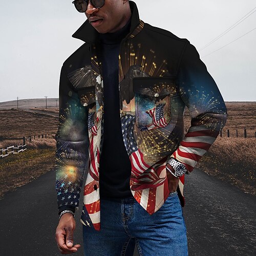 

Men's Coat With Pockets Daily Wear Vacation Going out Single Breasted Turndown Streetwear Casual Daily Outdoor Jacket Outerwear National Flag Pocket Print Blue / Long Sleeve