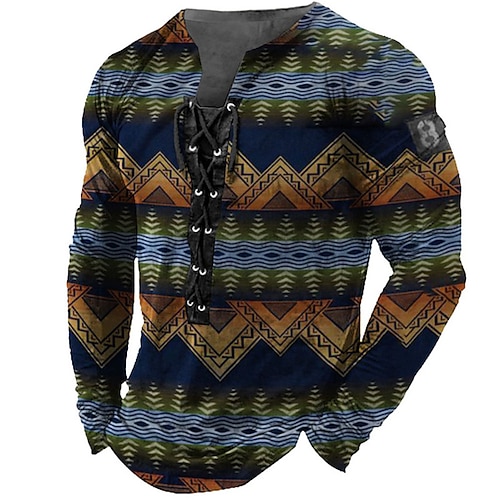 

Men's T shirt Tee Tee Graphic Tribal Collar Brown 3D Print Outdoor Street Long Sleeve Lace up Print Clothing Apparel Basic Designer Casual Classic