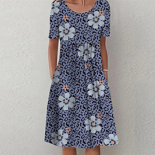 

Women's Casual Dress Shift Dress Blue Short Sleeve Leopard Ruched Spring Summer Crew Neck Slim 2022 S M L XL XXL 3XL