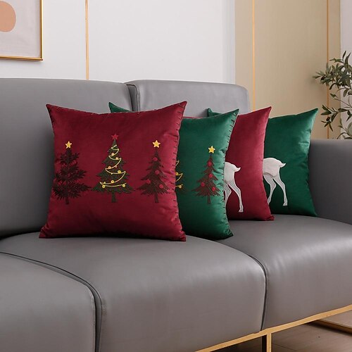 

Christmas Pillowcases Set Elk Embroidered Christmas Trees Gold Foil Pillowslips Velvet Square Pillowcases Home Bed Sofa Room Decor