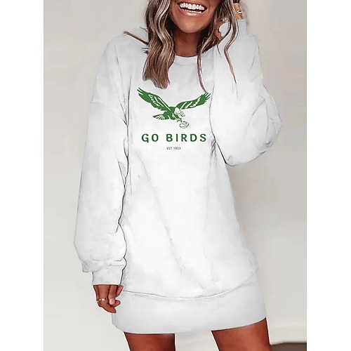 

Go Birds Women's Hoodie Dress Casual White Geometric Casual Round Neck Long Sleeve