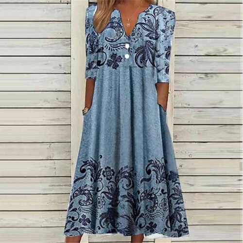 

Women's Casual Dress Shift Dress Midi Dress Green Blue Royal Blue Black 3/4 Length Sleeve Floral Butterfly Pocket Print Fall Winter V Neck Vacation Casual 2022 S M L XL XXL 3XL / Cotton