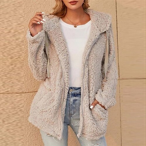 

Women's Sherpa jacket Fleece Jacket Teddy Coat Warm Breathable Outdoor Daily Wear Vacation Going out Pocket Zipper Hoodie Lady Comfortable Plush Solid Color Regular Fit Outerwear Long Sleeve Winter