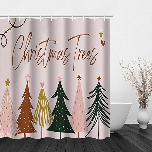 

Christmas Shower Curtain with Hooks,Simple Hand-Painted Christmas Tree Print Modern Polyester Processing Waterproof Bathroom Shower Curtain Hook