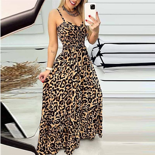 

kvinners fritidsgenser kjole svinggenser kjole slip genser kjole lang genser kjole maxi genser kjole leopard ermeløs leopard ryggløs vår sommer spaghetti stropp slank 2023 s m l xl