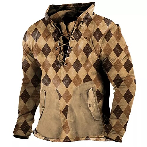 

Men's Sweatshirt Pullover Brown Standing Collar Geometric Graphic Prints Lace up Pocket Sports & Outdoor Casual Daily 3D Print Basic Streetwear Designer Spring & Fall Clothing Apparel Hoodies