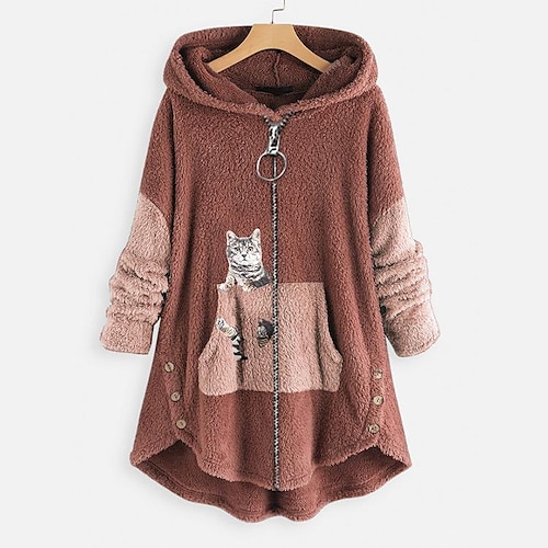 

Women's Hoodie Sweatshirt Pullover Pullover Sherpa Fleece Teddy Zip Up Front Pocket Green Pink Dark Grey Cat Street Hoodie Long Sleeve Fleece S M L XL XXL 3XL / Fleece lined