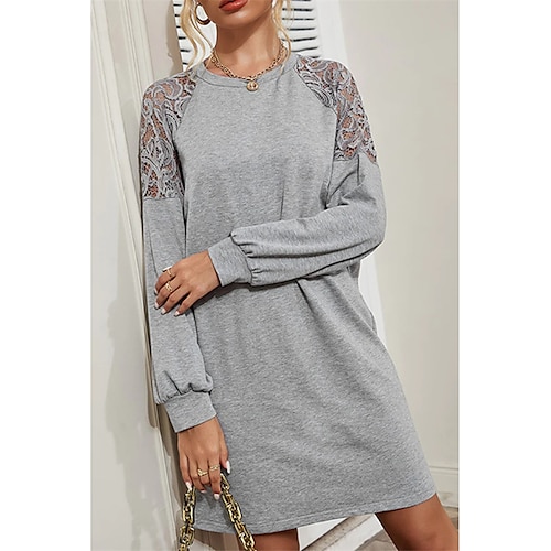 

Women's Casual Dress Hoodie Dress Grey Long Sleeve Pure Color Lace Patchwork Winter Fall Crew Neck Stylish Casual Fall Dress 2022 S M L XL / Winter Dress