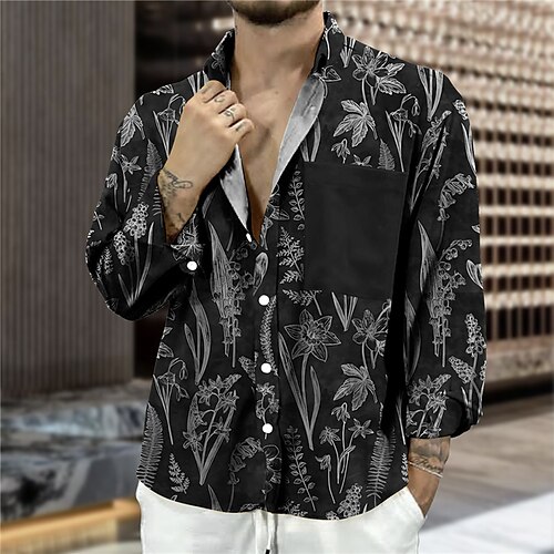 

Men's Shirt Floral Turndown Black 3D Print Outdoor Street Long Sleeve Button-Down Print Clothing Apparel Fashion Designer Casual Breathable