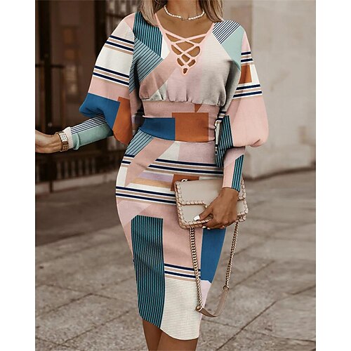 

Mujer Corte Bodycon Vestido tubo Vestido Midi En blanco y negro Negro Rosa Manga Larga Geométrico Estampado Invierno Otoño Escote en Pico Maduro 2022 S M L XL XXL 3XL