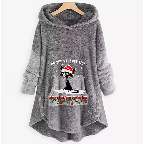 

Women's Plus Size Tops Hoodie Sweatshirt Cat Letter Button Pocket Long Sleeve Hooded Casual Holiday Daily Vacation Polyester Winter Fall Pink Brown